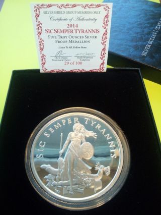 Silver 201 Sbss 5 Oz Sic Semper Tyrannis Proof (1 Of 100) - Silver Shield Series photo