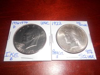 1922 - P Peace 90 Silver Dollar & 1976 - D Bicentennial Dollar - 1 Day - 90 Silver photo