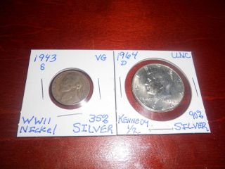 1964 - D Kennedy 90 Silver Half Dollar & 1943 - S Jefferson 35 Silver War Nickel photo