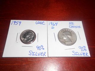 1964 - D Washington 90 Silver Qtr&1959 - P Roosevet 90 Silver Unc Dime - 1day - Silver photo