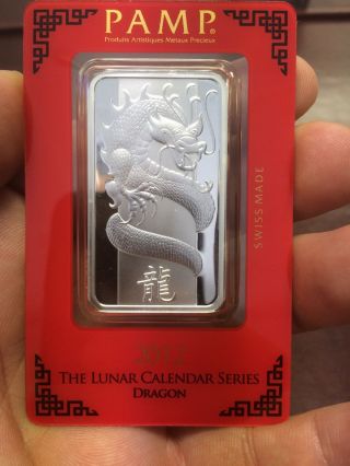 2012 Pamp 1 Oz Silver Bar.  999 Pure - Year Of The Dragon photo
