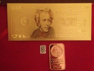 Pure 24k Gold $20 Bill Banknote 1 Gram.  999 Silver 1 Oz Copper Bar photo