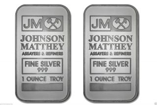 Two Jm Johnson Matthey Fine Silver 999 1 Ounce Troy Bar photo