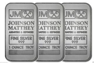 Three Jm Johnson Matthey Fine Silver 999 1 Ounce Troy Bar photo