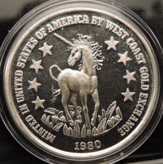 1980 - Unicorn - West Coast Gold Exchange - 1 Oz.  999 Fine Silver Round 31.  1 Grams photo