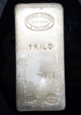 Rare 1 Kilo Jm Johnson Matthey Mallory Canada Old Poured.  999 Fine Silver Bar photo