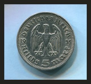 1935 A 5 Reichsmark Eagle 90 Silver Ww2 Iii Reich German War Coin photo
