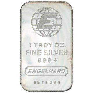 Engelhard Logo 1 Troy Oz.  999,  Fine Silver Bar W Serial Number 4470 - 07 photo