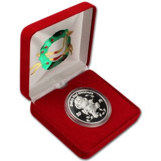 2014 Holiday Silver 1 Oz.  Medallion - Baby ' S First Christmas In Deluxe Giftbox photo