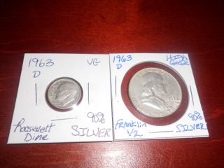 1963 - D Franklin 90 Silver Half Dollar&1963 - D Roosevelt 90 Silver Dime - 90 Silver photo
