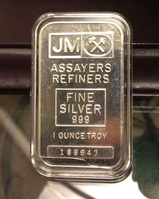 Johnson Matthey 1 Ounce.  999 Silver Art Bar Old Style Obv Mirror Like photo
