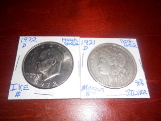 1921 - D Morgan 90 Silver Unc Dollar &1972 - D Eisenhower Dollar - 1 Day - 90 Silver photo