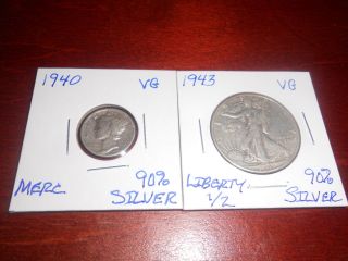 1943 - P Walking Liberty 90 Silver Half Dollar&1940 - P Mercury 90 Silver Dime - 1day photo