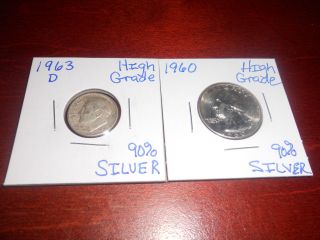 1960 - P Washington 90 Silver Quarter&1963 - D Roosevet 90 Silver Dime - 1day - Silver photo