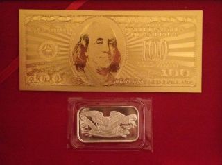 24k Gold $100 Bill Bank Note W/ 1 Troy Oz.  999 Pure Silver Bar Bullion photo