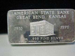 Rare 1970 Foster Wallawalla Wa 3 Tr.  Oz.  999 Silver Bar.  Barton Co State Bank 58 photo