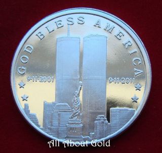 Solid Silver Round 1 Troy Oz Twin Towers 9/11 Liberty America Pure.  999 Bu photo