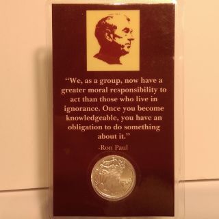 1/10th Oz American Eagle Liberty Coin.  999 Silver With Exclusive Ron Paul Card photo