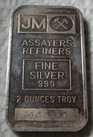 Rare - 2 Oz Johnson Matthey (jm) Fine 999 Silver Bar,  Serial 005817 photo