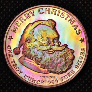 Merry Christmas Santa Claus One Troy Ounce.  999 Silver Round Rainbow Toned photo