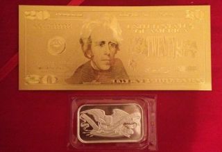 24k Gold $20 Bill Bank Note 1 Oz.  999 Pure Silver Bar Bullion photo