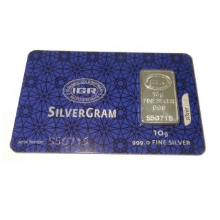10 Gram 999.  0 Silver Bullion,  Serialed,  Assayed By Igr photo