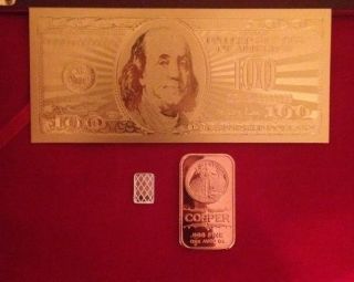 24k $100 Bill Bank Note With 1 Gram.  999 Pure Silver Bar And 1 Oz Copper Bar photo