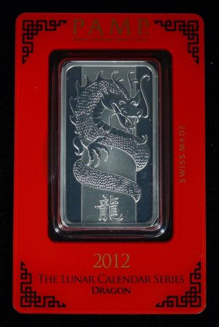 2012 Pamp Lunar Dragon Carded Bu Silver Bar 1 Oz Fine Silver photo