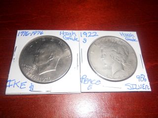 1922 - S Peace 90 Silver Dollar & 1976 - P Bicentennial Dollar - 1 Day - 90 Silver photo