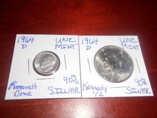 1964 - D 50c Kennedy 90 Silver Unc Half Dollar&1964 - D Roosevelt 90 Silver Unc Dime photo