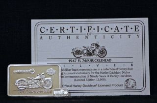 1.  4 Oz.  999 Pure Silver Bar “1947 Fl 74/knucklehead” Harley - Davidson,  1 Gram photo