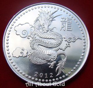 Solid Silver Round 1 Troy Oz 2012 Year Of The Dragon.  999 Chinese Lunar China Bu photo