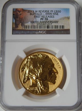 2013 - W Reverse Proof Gold Buffalo $50 Pf 70 First Release Ngc Look photo
