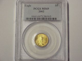 2002 Pcgs Ms69 $5 Gold American Eagle 1/10 Ounce photo