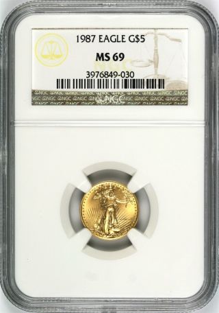1987 Gold 1/10 Oz American Eagle $5 Ngc Ms69 photo