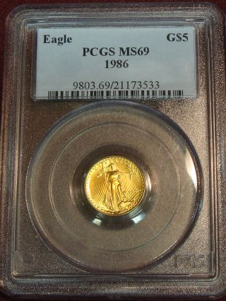 1986 $5 American 1/10 Oz Gold Eagle Pcgs Ms69 Clearance photo