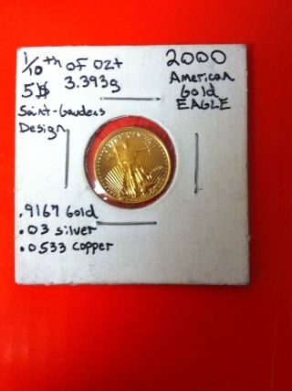 2000 $5 American Gold Eagle Coin,  1/10 Oz U.  S Bullion,  Gem Bu,  24 Hr Nr photo