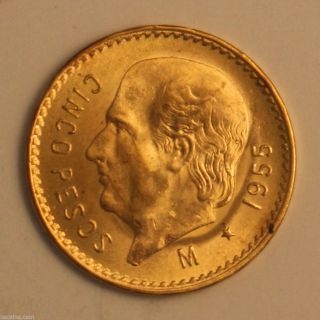 1955 Mexican Gold 5 Peso 0.  1205 Troy Oz 01218052z photo