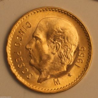 1955 Mexican Gold 5 Peso 0.  1205 Troy Oz Mexico 01218055z photo