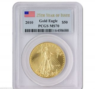 2010 $50 Gold American Eagle 1 Oz State Pcgs Ms70 25th Year Of Issue Label photo