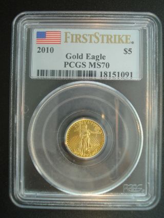 2010 Gold $5 American Eagle 1/10 Oz Coin Pcgs Ms 70 First Strike Gold Bullion photo