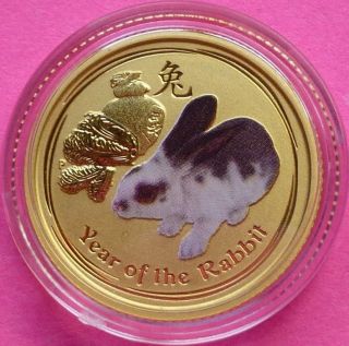 2011 1/10 Oz.  Gold $15 Australia Colorized Lunar Rabbit Very Rare Bullion Coin photo