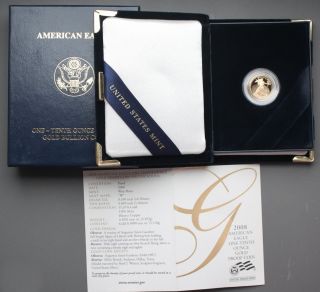2008 W $5 1/10 Oz Fine Gold American Eagle Proof Coin,  & Ogp photo