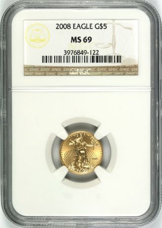 2008 Gold 1/10 Oz American Eagle $5 Ngc Ms69 photo