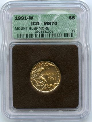 1991 - W Icg Ms 70 Mount Rushmore $5 Gold Coin - West Point - Kx258 photo