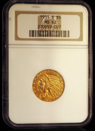 Indian Gold Coin 1911 - S $5 Ms 62 photo