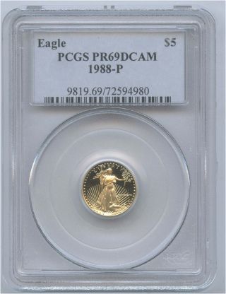 1988 - P Gold 1/10th Ounce $5 Eagle Pcgs Pf 69 Dcam photo