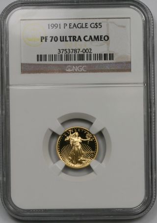 1991 - P Gold Eagle $5 Tenth - Ounce Pf 70 Ultra Cameo Ngc 1/10 Oz Fine Gold photo