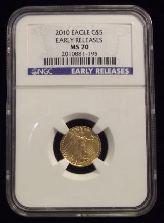 2010 $5 American Gold Eagle 1/10 Oz Early Releases,  Ngc Ms70 photo