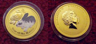 2011 1/10 Oz $15 Gold Ausralia Colorized Lunar Rabbit Coin In Perth Capsule photo